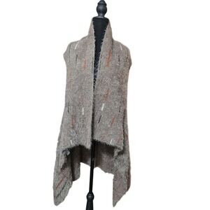 DR Taupe Fuzzy Eyelash Knit Open Front Vest Shawl Collar Striped One Size